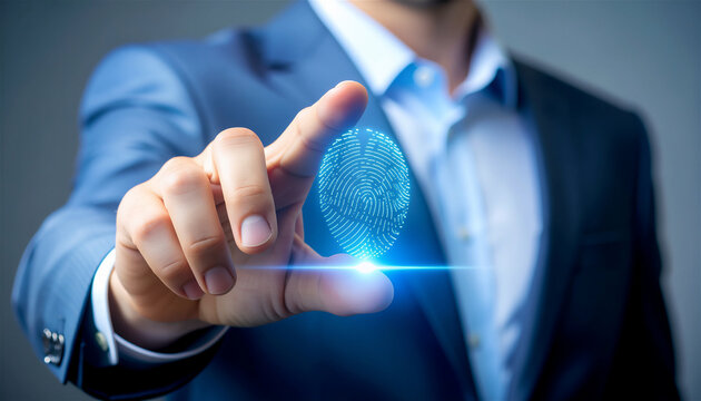 Businessman scanning fingerprint on futuristic digital screen
