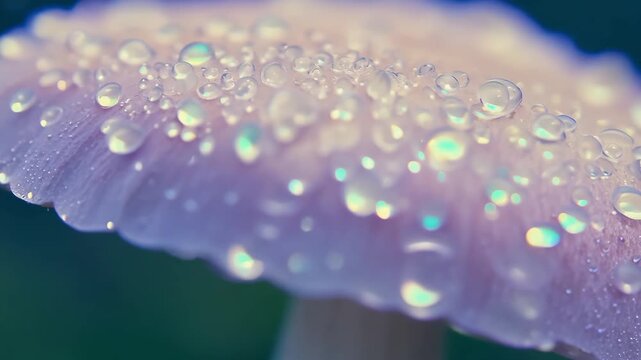 Macro detail of a mushroom surface  Close-up shot of mushroom cap showing a velvet-like surface, where microscopic water droplets refract soft rainbow light, dreamy surreal texture