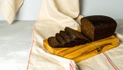 A loaf of dark, sliced bread rests on a wooden cutting board, on a linen cloth, against a pale background