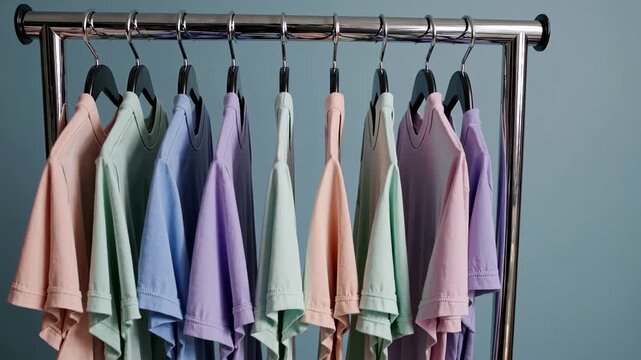 A row of pastel t-shirts on a chrome rack, captured from a side angle. The video style emphasizes minimalism and soft color tones.