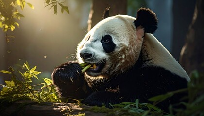 A giant panda enjoys a bamboo snack amidst a sun-dappled forest, illuminated by golden light filtering through the foliage