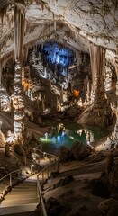Fototapeta premium Stunning Cave Interior with Stalactites and Stalagmites Illuminated by Artificial Light.