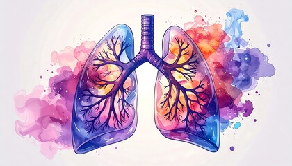 Anatomical rendering of pulmonary system with watercolor effects