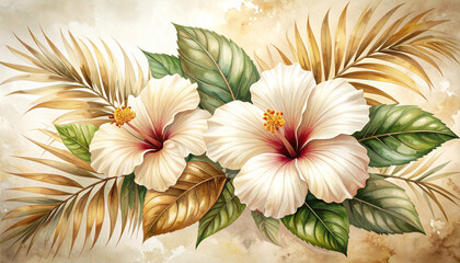 Elegant Tropical Hibiscus Flowers with Golden Leaves, Vintage Botanical Art