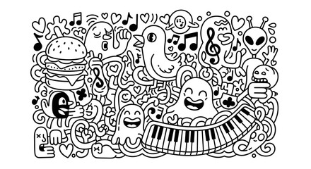 A Whimsical Doodle Medley of Food, Music, and Funny Creatures