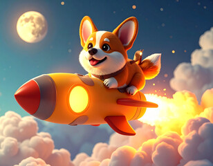 Cute 3D Corgi Dog Flying on Rocket Through the Night Sky, Adorable Cartoon Character
