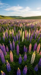 Lupine Field in Full Bloom Under a Bright Sky.