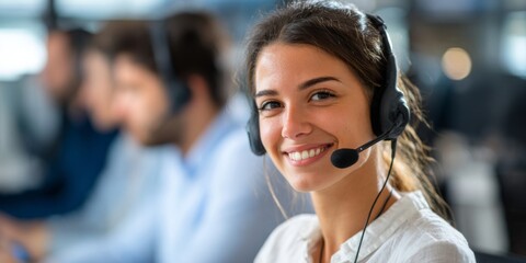 Friendly female customer service representative smiling while assisting clients in a modern call center environment