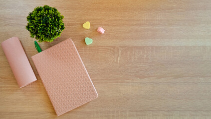On the wooden surface of the table there is a notebook with a pen and elastic bands