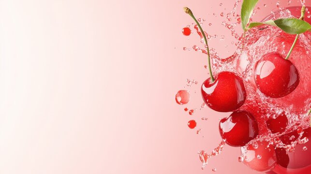 Cherry Splash with Cherries and Leaves on Light Pink Background - Refreshing Summer Drink