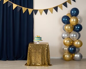 Birthday Party Setup with Cake Balloons and Bunting celebration