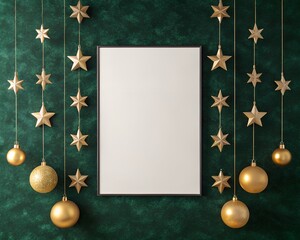Blank Frame Decorated with Hanging Gold Stars and Christmas Ornaments on Green Textured Background empty