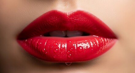 Obraz premium Close-up of Luscious Red Lips with Glossy Texture and Water Droplets.