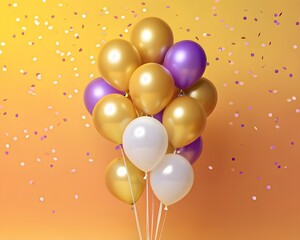 Bunch of Gold Purple and White Balloons Floating Against a Yellow Orange Background with Confetti Keywords: balloon, party, celebration, birthday, anniversary, event, festive, decoration, helium