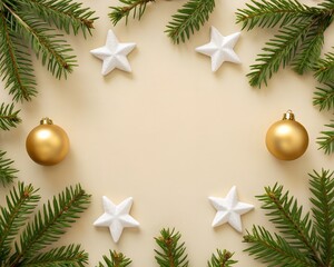 Christmas Border Frame With Fir Branches Gold Ornaments And White Stars On Cream Background image photo