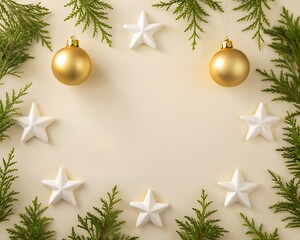 Christmas Ornaments and Stars Arranged with Green Fir Branches on a Creamy Yellow Background gold ball