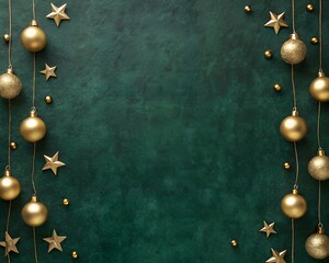 Christmas Ornaments and Stars Border on a Dark Green Textured Background gold golden