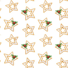 Seamless pattern of delicious watercolor gingerbread cookies isolated on white background. Bakery star decoration.