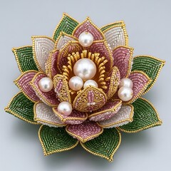 Exquisite Beaded Lotus Flower Brooch with Pearl Accents.