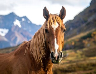 Obraz premium A chestnut-colored equine, its forelock framing its face. Behind, mountain peaks with snow patches are visible, under a cloudy sky