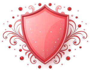 Pink Shield Emblem with Swirling Red Ornate Designs and Red Beaded Accents on a White Background badge