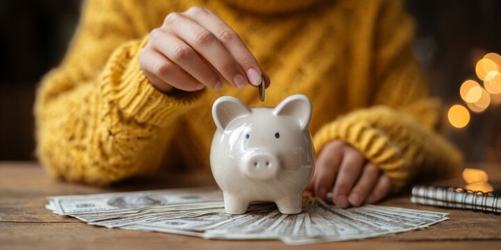 Person in Yellow Sweater Inserting Coin into Cute White Piggy Bank on Wooden Table with Dollar Bills and Notebook