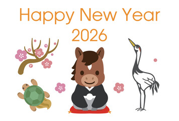 2026年 鶴亀と梅の縁起が良いモチーフ入り午年の年賀状イラスト