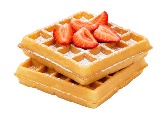 Isolated stack of waffles with powdered sugar and strawberries, sweet dessert food object