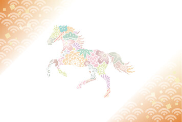 淡い和柄の馬のシルエットと青海波模様のやさしい年賀状背景