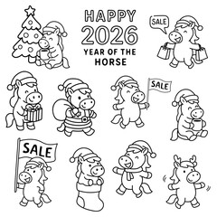Horse Character Vector Set coloring book 2026. outline Happy New Year collection with a Christmas tree and Santa Claus, isolated on white background