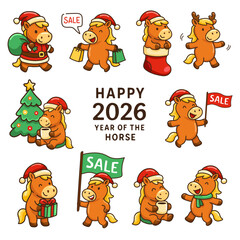2026 Horse Character Vector Set. Happy New Year collection with a Christmas tree and Santa Claus, isolated on white background