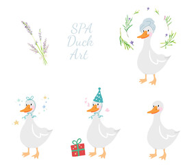 Spa Duck Clipart Set | Relaxing Bath Time Duck Illustrations with Rosemary and Gift Elements (PNG)