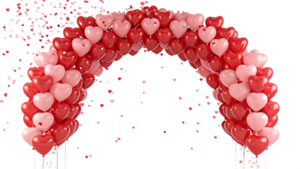 Arch of red and pink heart balloons isolated on transparent background, perfect for wedding, or anniversary