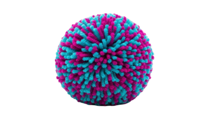 Isolated yarn pompom, magenta and turquoise colors, fluffy crafting decoration on bright surface