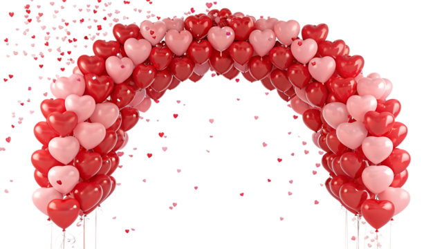 Arch of red and pink heart balloons isolated on transparent background, perfect for wedding, or anniversary