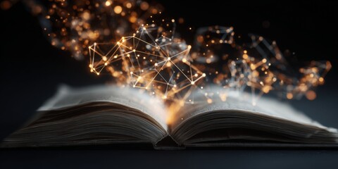 Open book with abstract geometric shapes and glowing elements emerging from pages in a creative and magical concept of knowledge and ideas