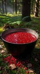 Lingonberries in a Pot - A Forest Harvest of Red Berries.