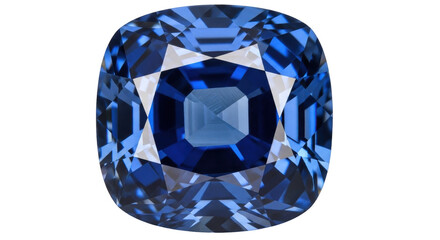 Fototapeta premium Isolated cushion cut royal blue sapphire gemstone, jewelry making, gemology and minerals