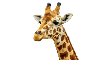 Isolated Giraffe Head and Neck Portrait, Elegant African Animal with Spots, Looking at Viewer