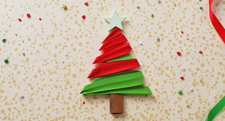 Artistic minimalist Christmas tree crafted from colorful paper ribbons, celebrating holiday spirit with clean design and festive charm.