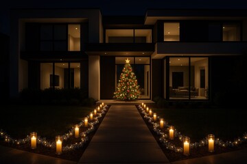 Fototapeta premium Modern home facade at night, vibrant Christmas tree through front glass window, pathway lined with glowing candles and silver garlands.