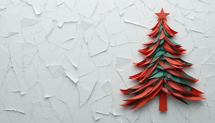 Artistic minimalist Christmas tree crafted from colorful paper ribbons, celebrating holiday spirit with clean design and festive charm.