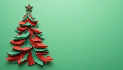 Artistic minimalist Christmas tree crafted from colorful paper ribbons, celebrating holiday spirit with clean design and festive charm.