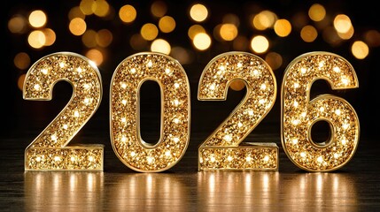 Golden illuminated 2026 numbers with glitter sparkle and glowing festive bokeh lights on dark background