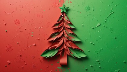 Artistic minimalist Christmas tree crafted from colorful paper ribbons, celebrating holiday spirit with clean design and festive charm.
