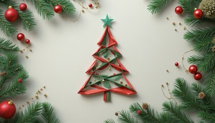 Artistic minimalist Christmas tree crafted from colorful paper ribbons, celebrating holiday spirit with clean design and festive charm.