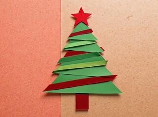 Artistic minimalist Christmas tree crafted from colorful paper ribbons, celebrating holiday spirit with clean design and festive charm.