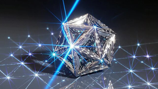 Macro view of rotating icosahedral aluminium manganese quasicrystal illuminated by blue laser beam. Sparkling diffraction and metallic reflections reveal atomic symmetry and geometric perfection.