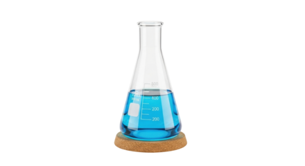 Isolated Erlenmeyer flask with blue liquid on cork coaster – laboratory glass container