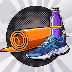 Naklejka premium fitness gear with yoga mat, bottle, and sneakers
